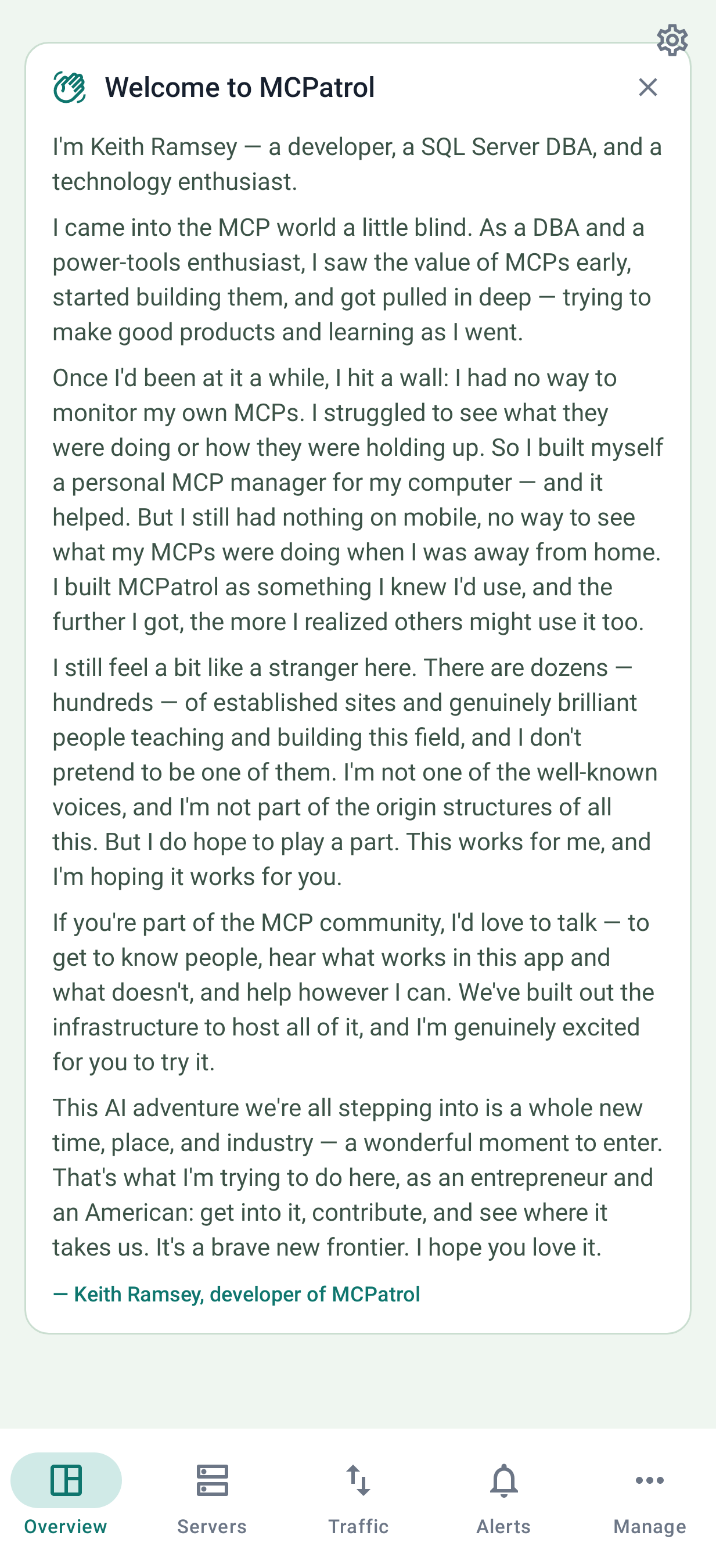 The welcome note as it appears in the app
